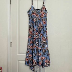Long floral baby blue dress has bra padding size L